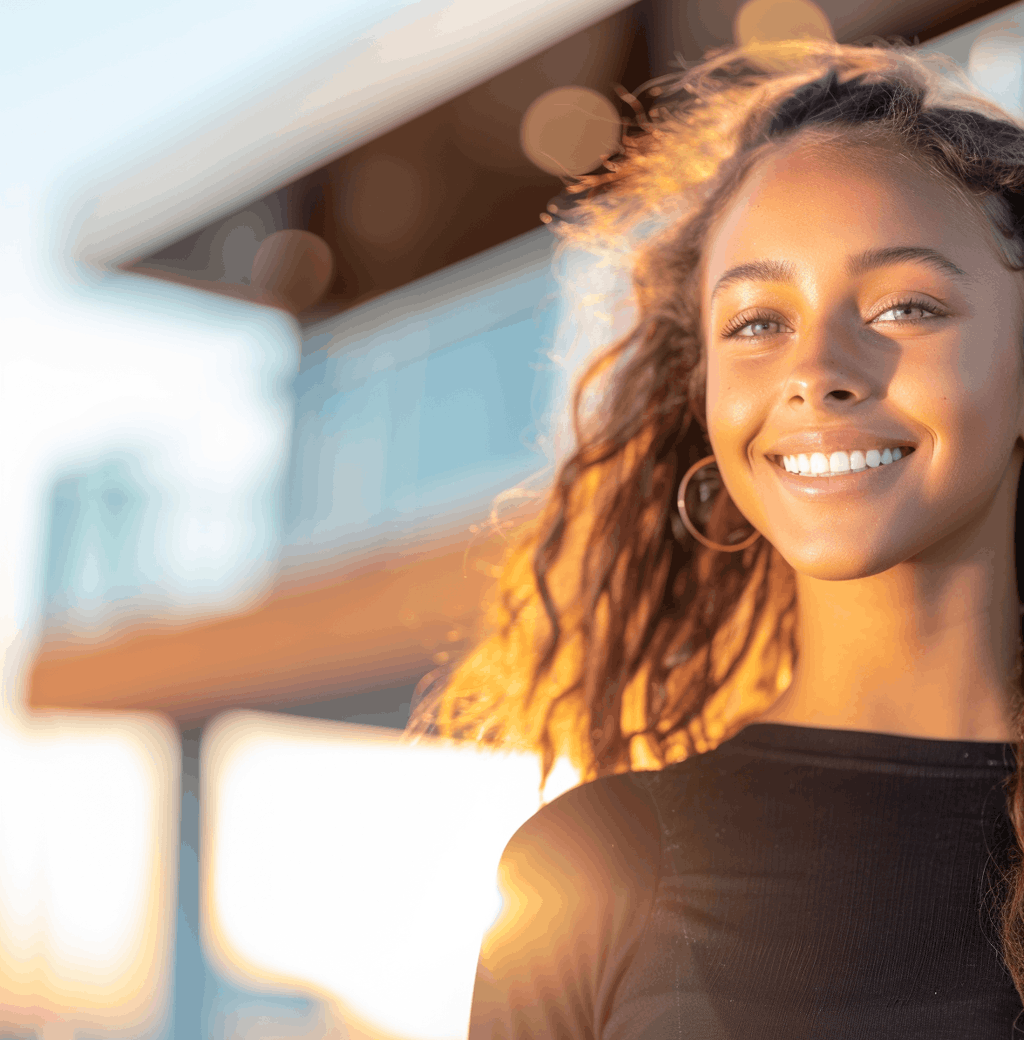 The Courage to Be Seen_ What Telling Our Stories Taught Me About Leadership and Love-cv confident young Black woman smiling in golden sunlight, symbolizing women’s empowerment and authentic leadership.