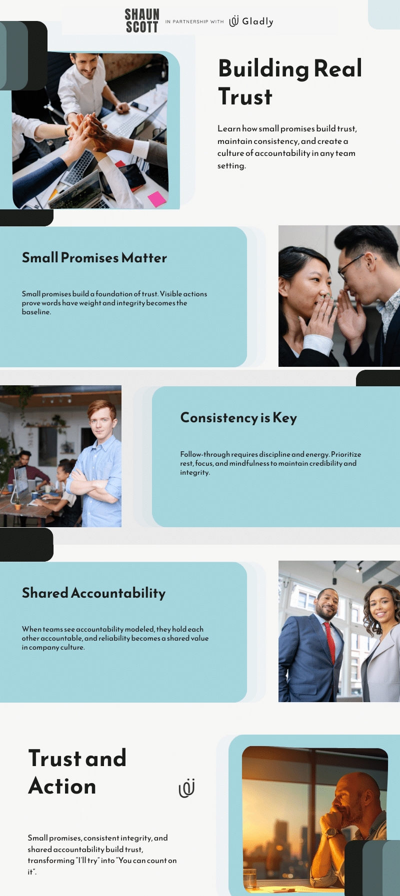 Infographic on building real trust through leadership, consistency, accountability, and small promises in the workplace