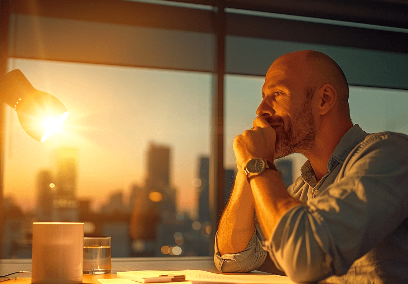 The Power of Keeping Promises in Leadership-cv Bald man reflecting at his desk during sunset in a modern office, symbolizing leadership, trust, and quiet accountability.