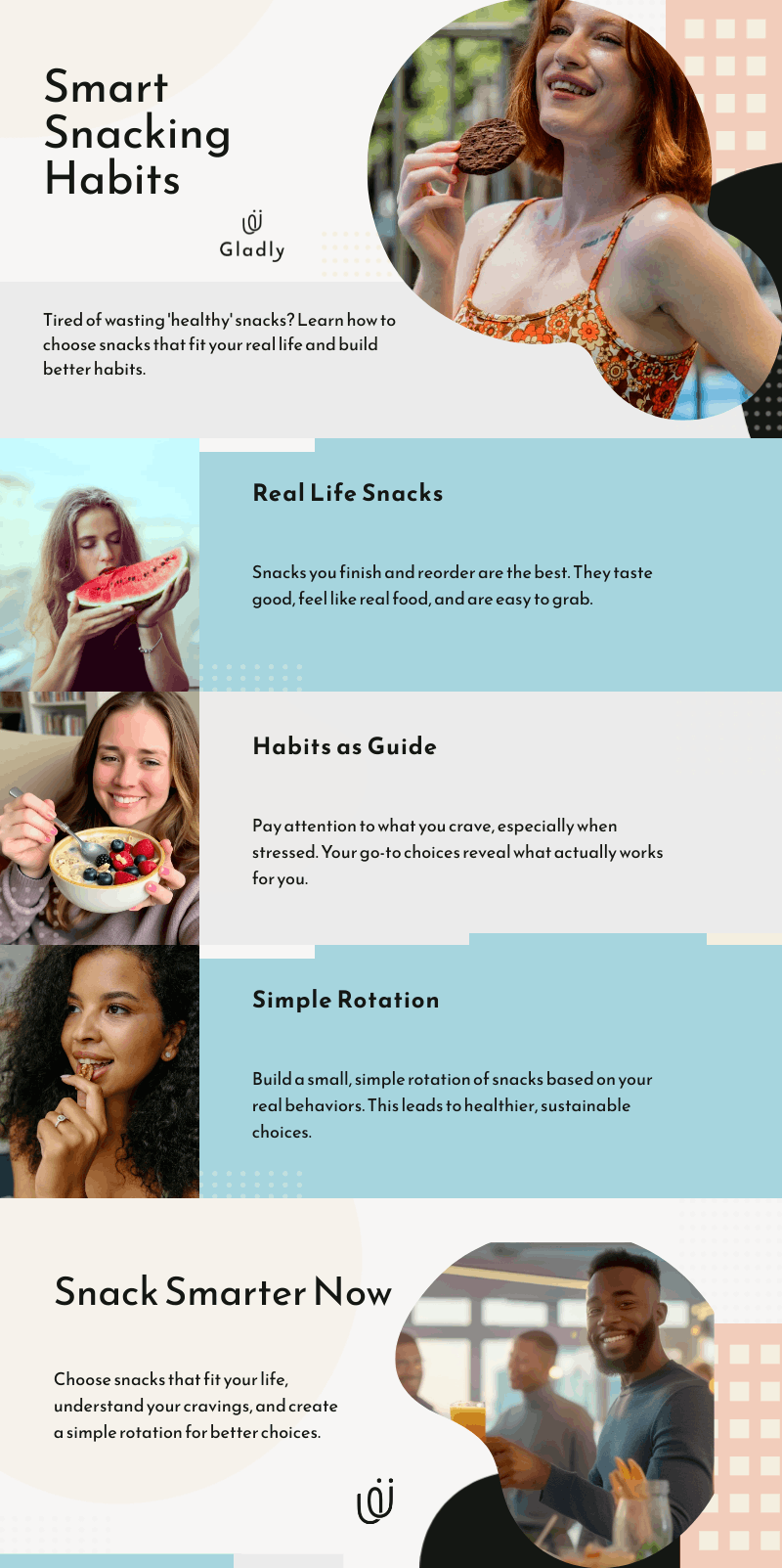 Infographic about healthy snacks you’ll actually eat.