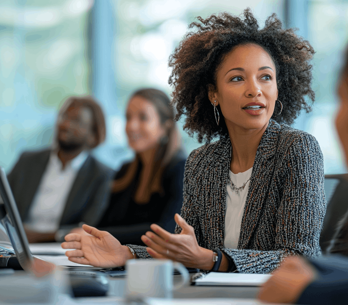 Black History Month_ Making Belonging a Daily Practice-cv Black History Month workplace culture image of a Black leader speaking confidently in a team meeting