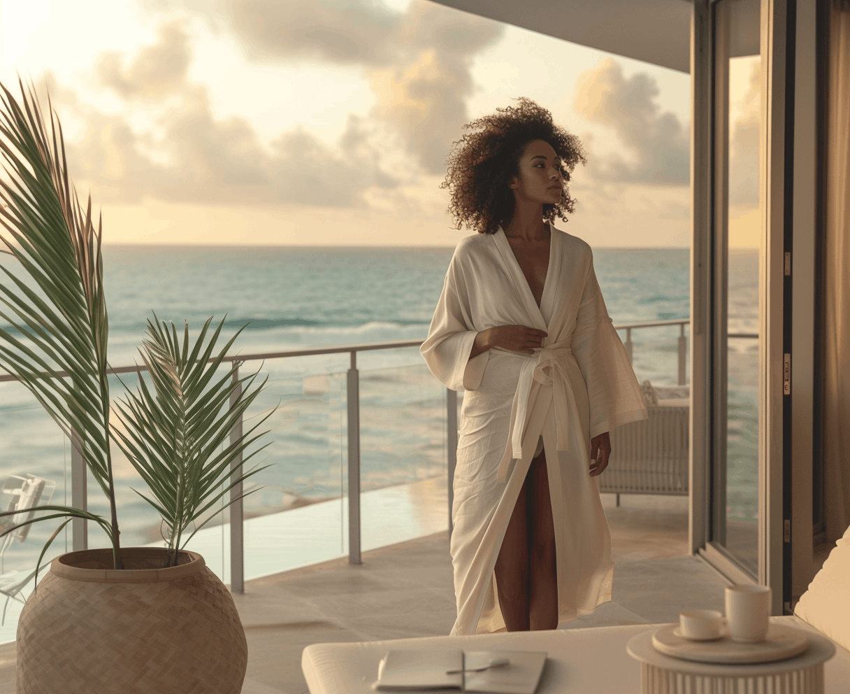 From Breakdown to Breakthrough-cv Black woman embracing a soft reset and intentional rest on oceanfront balcony.