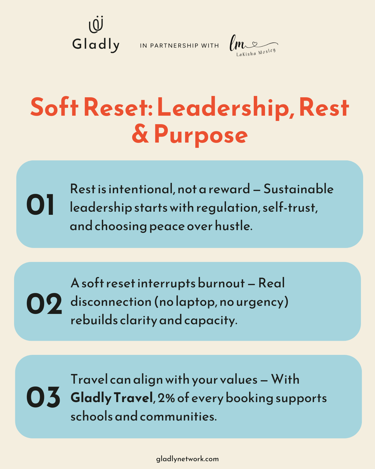 Soft reset leadership infographic highlighting intentional rest, burnout recovery, and purpose-driven travel.