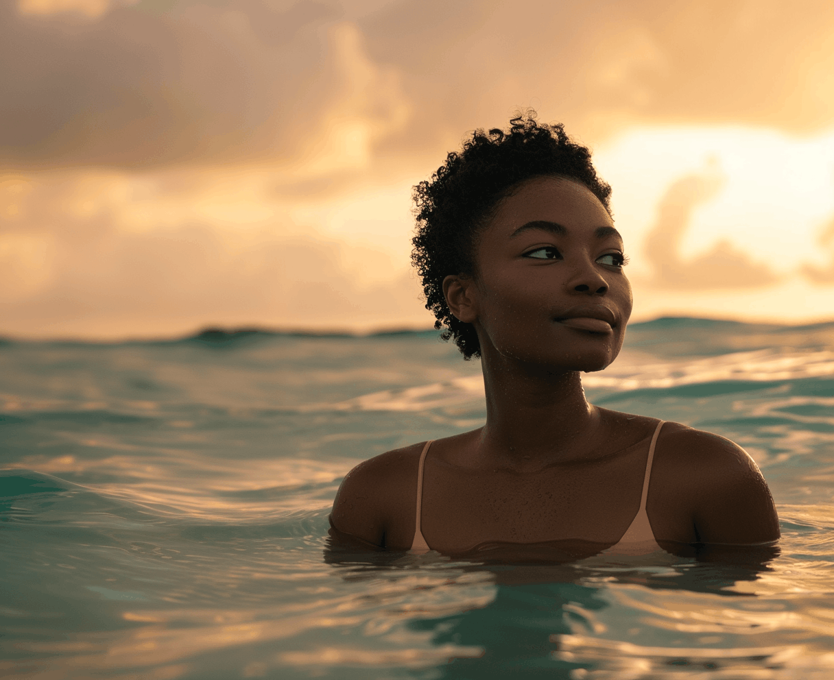 The Soft Reset Begins-cv A woman practicing a soft reset with intentional rest in the ocean at sunset.