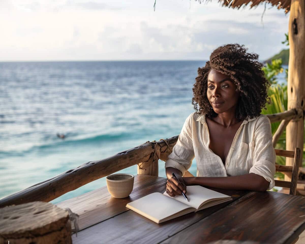 Woman journaling during a soft reset, practicing intentional rest by the ocean Woman journaling during a soft reset, practicing intentional rest by the ocean.