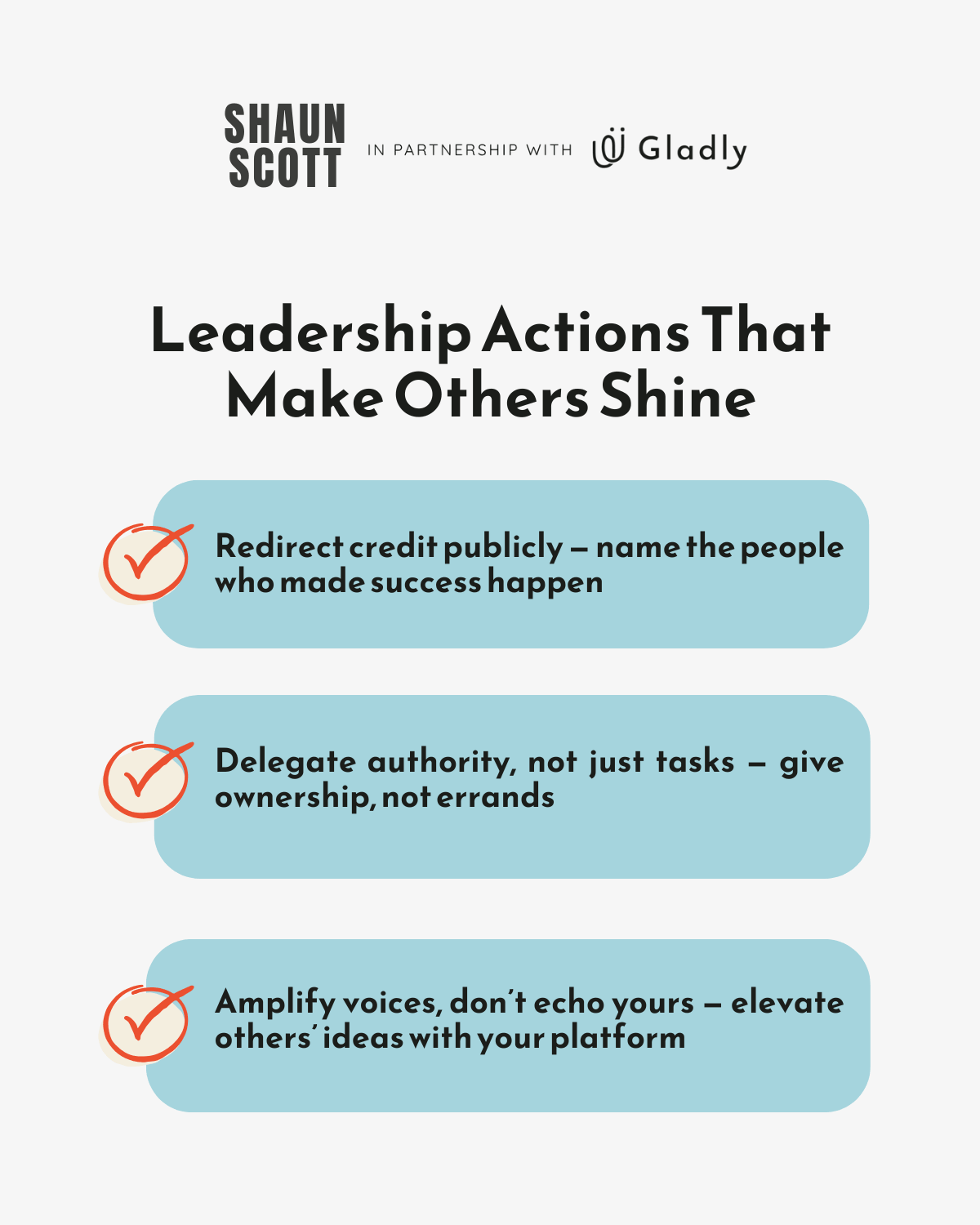 Leadership Actions That Make Others Shine checklist highlighting three key servant leadership behaviors: redirect credit, delegate authority, and amplify voices.