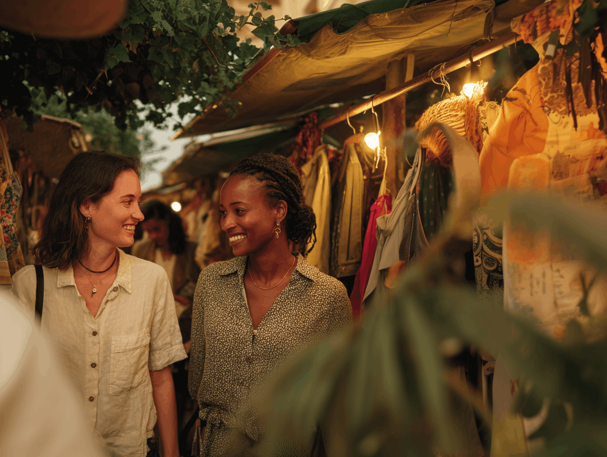 Jarra-Luxury-with-Purpose-cv Two women exploring a local market while embracing conscious travel and luxury with purpose.