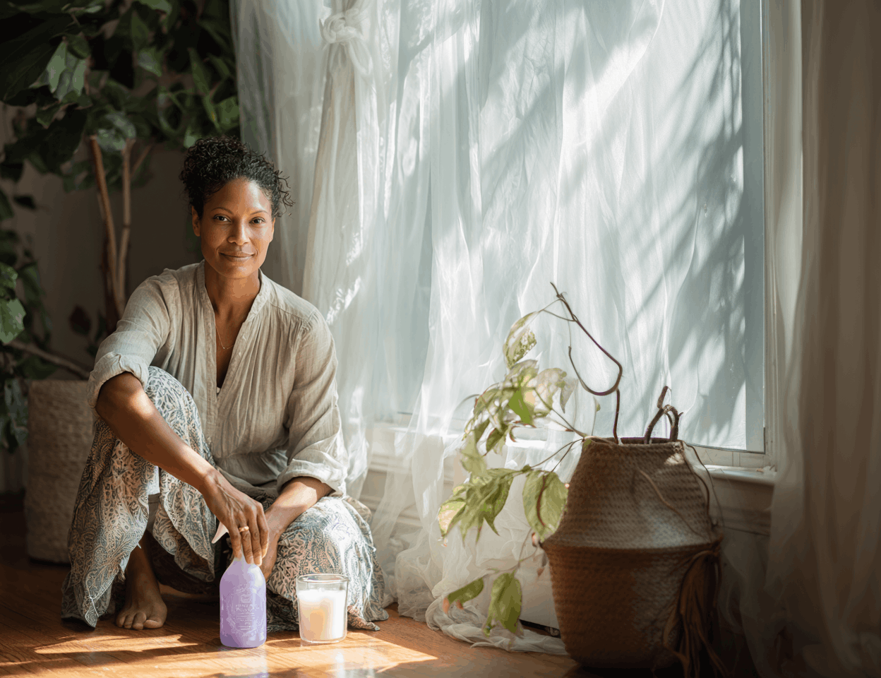 Woman using wellness products for women leaders in a calm, sunlit self-care setting