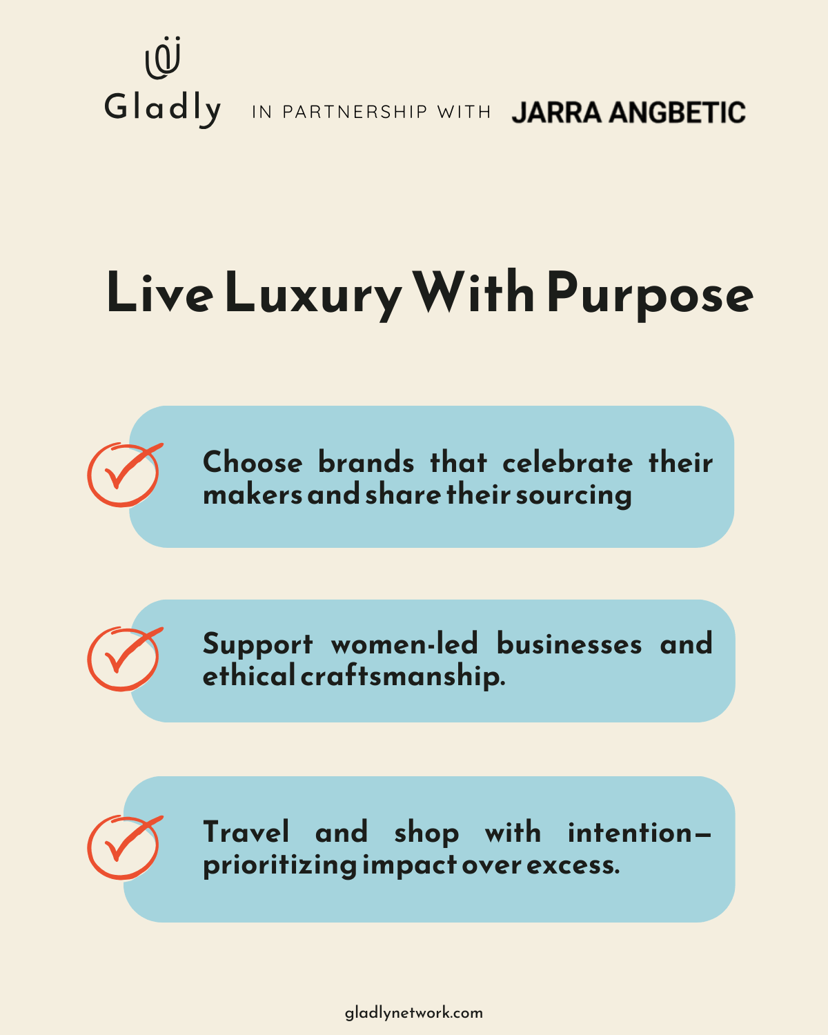Checklist for living with luxury with purpose through ethical brands, women empowerment, and conscious travel.